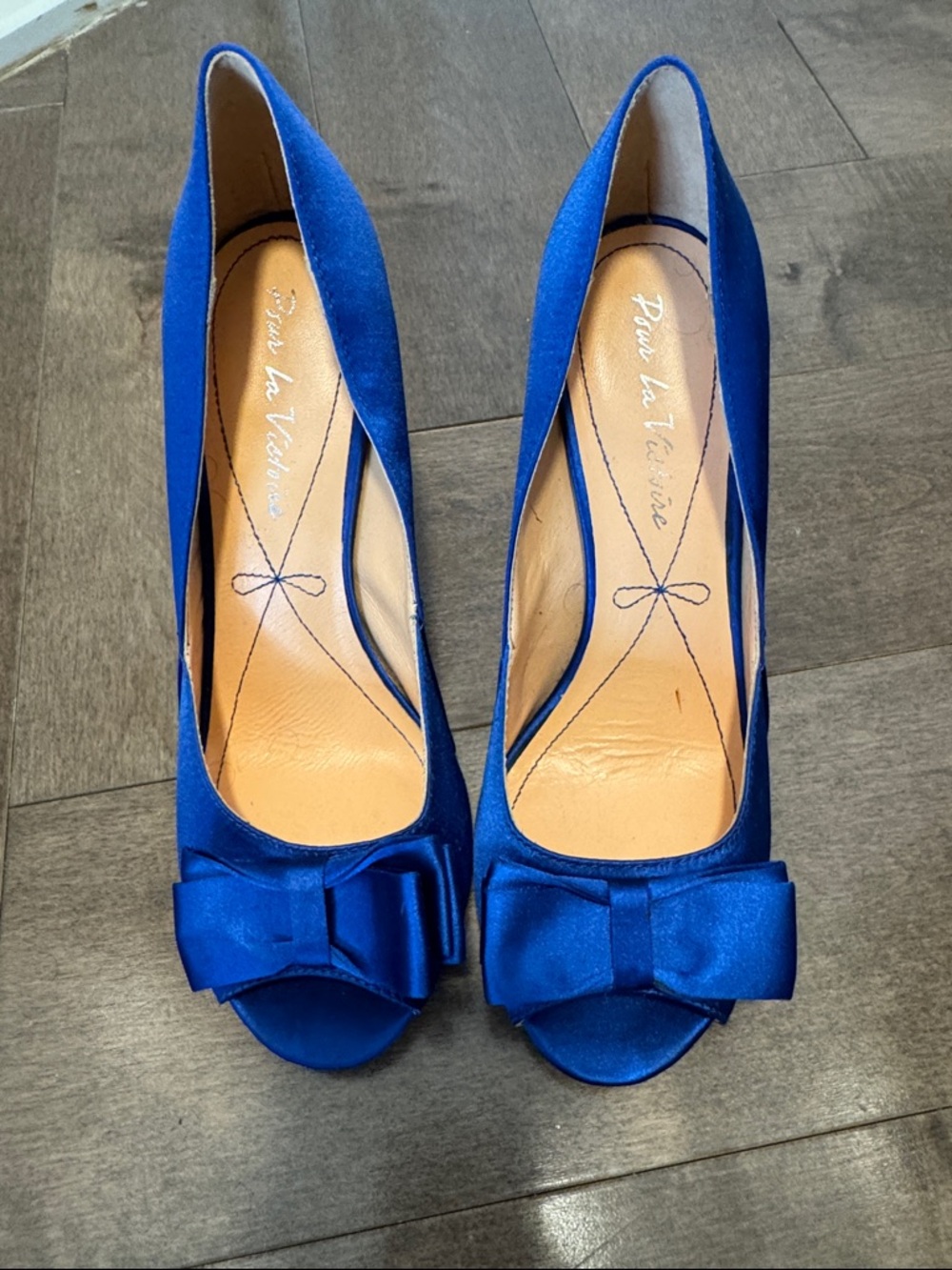 Pour La Victoire Royal Blue Satin Peep-Toe Pumps with Bow Accent